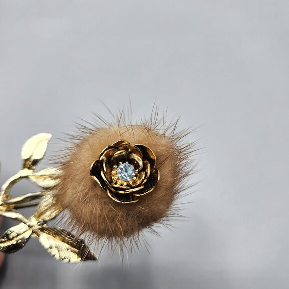 Rose Brooch Mink Fur Gold Tone Flower Long Stem Clear Rose Pin Unmarked Vtg - Picture 13 of 13